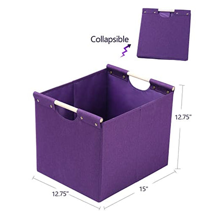 HOONEX Large Collapsible Storage Bins, Linen Fabric, Pack of 2, Storage Baskets with Wooden Carry Handles and Sturdy Heavy Cardboard, for Home, Office, Car, Nursery, Dark Purple - color: Dark Purple