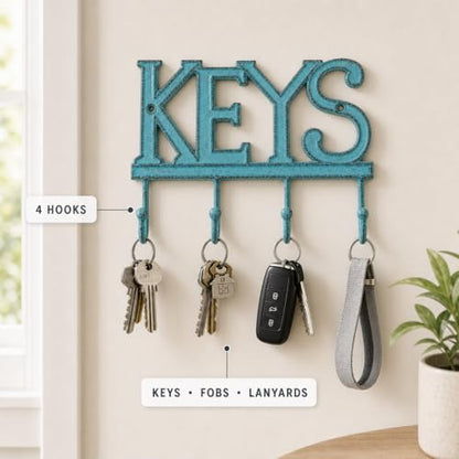 Comfify Rustic Blue Cast Iron Key Holder for Wall – Keys Sign with 4 Hooks | Rustic blue antique finish; mounting hardware included; entryway, hallway or door; 6"H x 8"L; holds 8 keychains - color: Rustic Blue