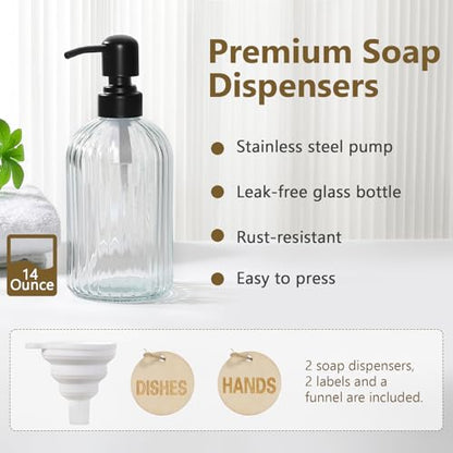 Kitchen Dish Soap Dispenser Set with Tray for Countertop Organizer,Silver | 14OZ Glass Bottle with Rustproof 304 Stainless Steel Sponge Holder and Instant Dry Tray, Hand and Dish Soap Dispenser Set - color: Silver + Dark Grey + Transparent