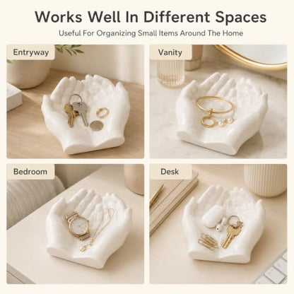 White Resin Hand-Shaped Key Tray for Entryway and Desk | White resin hand-shaped key tray, decorative catchall bowl for keys, jewelry, coins, entryway table, desk and nightstand.