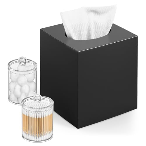 Square Acrylic Tissue Box Cover with 2 Pcs Qtip Holder Dispenser,Black | Modern decor,plastic,bathroom vanity storage organizer set,non-slip,Easy to refill,size compatibility for tissue & rolls - color: Black, size: 1 Tissue Box Cover with 2 Qtip Holder D