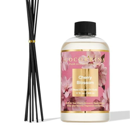 Reed Diffuser Refill Cherry Blossom 17oz (500ml) with 8 Sticks - Premium Long-Lasting Scented Oil, Home Fragrance for Bedroom, Bathroom Home Decor - size: 17 Fl Oz (Pack of 1)