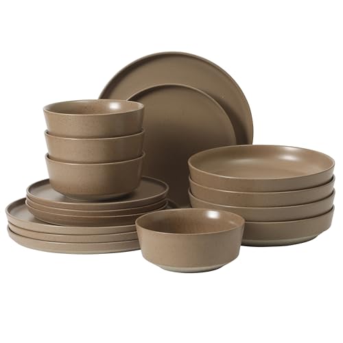 Gibson Elite Overbrook 16-Piece Pottery Clay Stoneware Dinnerware Set – Terraccotta Brown Reactive Glaze, Stackable Plates and Bowls w/Pasta Bowl, Service for 4 – Microwave & Dishwasher Safe - color: Terracotta Brown (Overbrook), size: Service for 4 (16pc