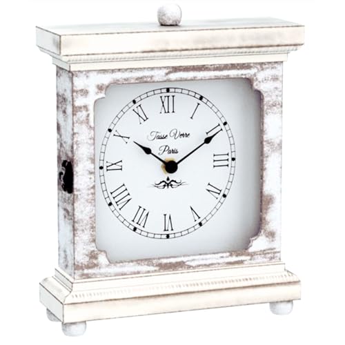Rustic Shelf Clock (Quiet) for Living Room Mantel, Table, Or Desk 9" X 7" Farmhouse Decor Distressed White Washed Wood Silent - Office Fireplace. AA Battery Operated Non-Digital, Tan - color: Tan