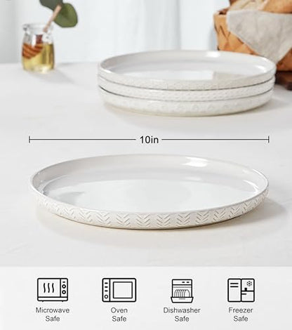 Lareina Ceramic Dinner Plates 10 Inch, Embossed Boho Stoneware Plates for Dessert, Salad, Appetizer, Dinner, Microwave & Dishwasher Safe, Scratch Resistant-Set of 4, Ivory White - size: 10 inch