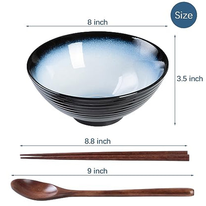 Ceramic Japanese Ramen Bowl Set, 2 Sets Asian Pho Udon Soup Noodle Bowls with Spoons and Chopsticks (Black/Blue, 8 inches) - color: Black/Blue