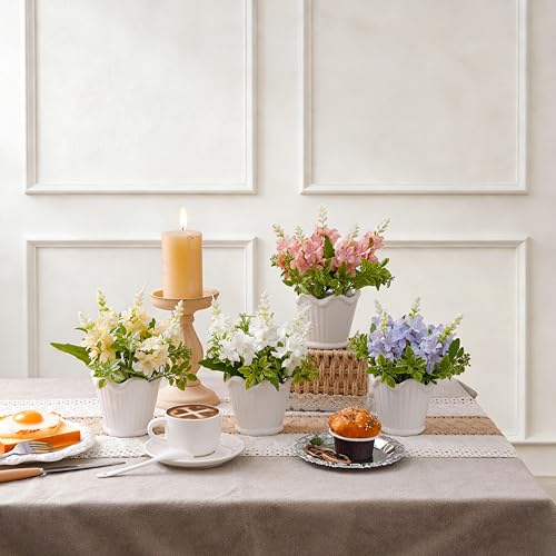 4PCS Artificial Spring Flowers with Ceramic Pot, Spanish Dagger Plants | Centerpiece Table Decorations – Faux Flowers in Ceramic Vase for Dining Table, Coffee Table, Home, Office & Spring Decor
