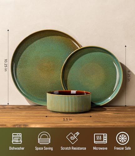 GBHOME Stoneware Dinnerware Sets for 4, 12 Pieces Plates and Bowls Set | Lightweight Ceramic Ribbed Dishes,Reactive Glaze Stackable Plate Set,Scratch Resistant,Microwave Dishwasher Safe,Maroon Olive - color: Maroon Olive