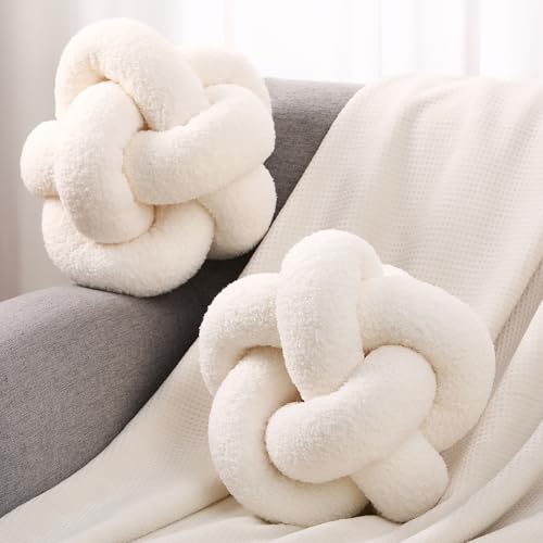 Beeveer 2 Pcs Knot Pillow Ball 12 Inch Soft Decorative Teddy Boucle Knot Throw Pillows for Home Bed Couch Living Room Decor(Ivory) - color: Ivory