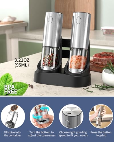 CIRCLE JOY 2-Speed Electric Salt and Pepper Grinder Set Rechargeable Stainless Steel Pepper Mills with Charging Base, LED Light and External Adjustable Coarseness for Hygienic Easy Use - color: Silver