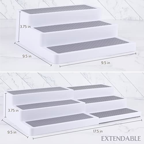 Oizeir Plastic 3-Tier Expandable Spice Rack, Adjustable Length, Stability with Non-Skid Shelf, For Easy Visibility, Organizer for Kitchen Cabinet, Pantry or Countertop, (2-Pack), White/Grey | Expandable Plastic Spice Rack Organizer, Adjustable Length 3 Ti
