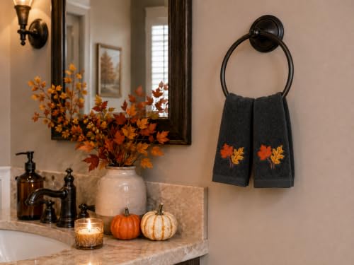 Harvest Fall Fingertip Towels for Bathroom: Autumn Plush Dark Grey Gray Autumn Leaf Design, 100% Cotton Towels, Set of 2, 12" x 18" - color: Autumn Leaf Grey