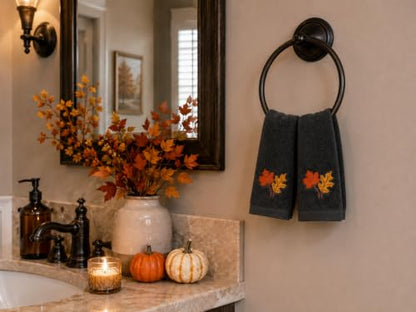 Harvest Fall Fingertip Towels for Bathroom: Autumn Plush Dark Grey Gray Autumn Leaf Design, 100% Cotton Towels, Set of 2, 12" x 18" - color: Autumn Leaf Grey