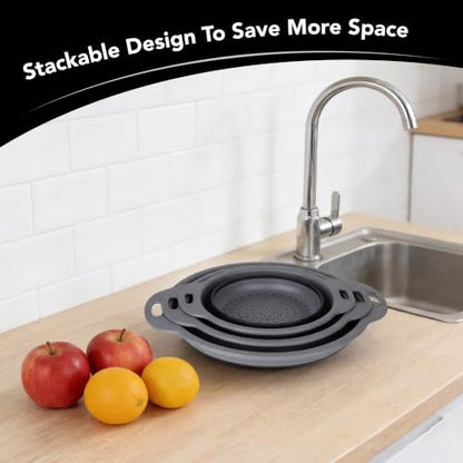 Collapsible Colander Set of 3, Silicone Food Foldable Strainer for Cooking Pasta, Vegetables and Fruit (3QT, 4QT and 5QT), Black - color: Black