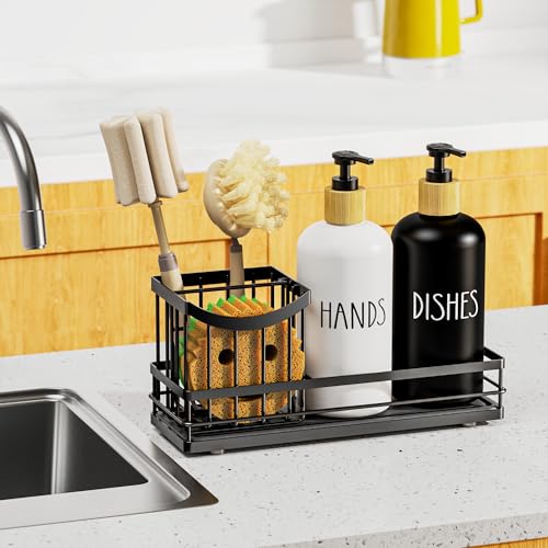 Moforoco Kitchen Dish Soap Dispenser Set, 16OZ Glass Bottle, Hand and Dish Soap Dispenser Set, Instant Dry Tray, Brush Holder with Smiley Face Sponge Holder (Universal Black Tray+Black&White Bottle) - color: Universal Black Tray+black&white Bottle
