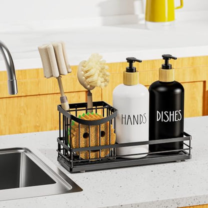 Moforoco Kitchen Dish Soap Dispenser Set, 16OZ Glass Bottle, Hand and Dish Soap Dispenser Set, Instant Dry Tray, Brush Holder with Smiley Face Sponge Holder (Universal Black Tray+Black&White Bottle) - color: Universal Black Tray+black&white Bottle