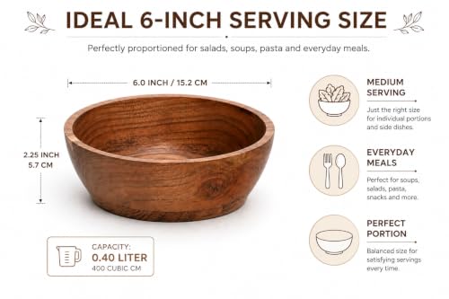 Acacia Wood Bowl Set of 2, 6-Inch Medium Serving Bowls, 400 Cubic cm Volume, 0.40 Liter Capacity, Brown - size: 2 Bowls of 6-Inch (0.40 Liters)