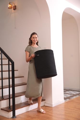 16"x20" Extra Large Cotton Rope Basket with Zipper Lid, Woven Laundry Hamper and Blanket Storage Basket, Round Clothes Bin for Living Room Bedroom, Black - color: All Black