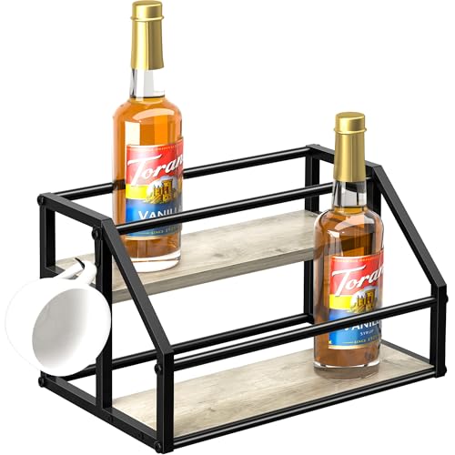 Coffee Syrup Rack Organizer, Syrup Bottle Holder Stand for Coffee Bar, 2-Tier 8 Bottles Storage Shelves for Syrup, Wine, Dressing for Kitchen Countertop, Greige - color: Greige