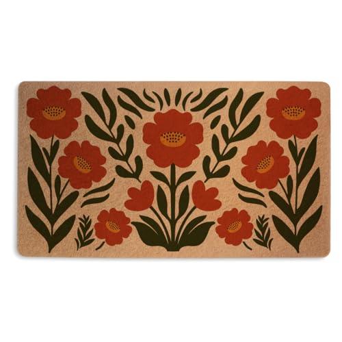 Retro Poppy Door Mat 18x30 Inch, Coco Coir Doormat Slip PVC Backing | Modern Floral Durable Welcome Mat for Outdoor Indoor Entryway Porch Bohemian Home Decor, Floral Gifts for Women - color: Multicolour 0370