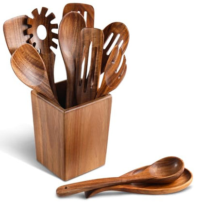 Wooden Spoons for Cooking, 11 Pcs Wood Cooking Utensils Set with Holder, Natural Acacia Wooden Kitchen Tools, Nonstick Cookware, Easy Clean, Kitchen Utensil Set for Mom, Wife Cooking Gifts - style: 11Pcs Set