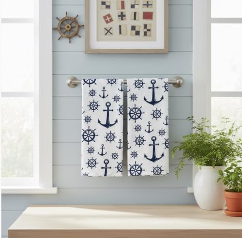Summer Kitchen Dish Towel Set: Fun Nautical Anchor Captains Wheel Design, Set of 2 (Nautical) - color: Nautical