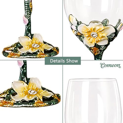 Comeon Flower Wine Glasses Hand Painted Wine Glasses Lemon Yellow 2 Set | Apricot Blossom Enamels Floral Design, Included Gift Box, Transparent Glass, Long Stem Crystal Red Wine Glasses - color: White/ 2 set (gift box)