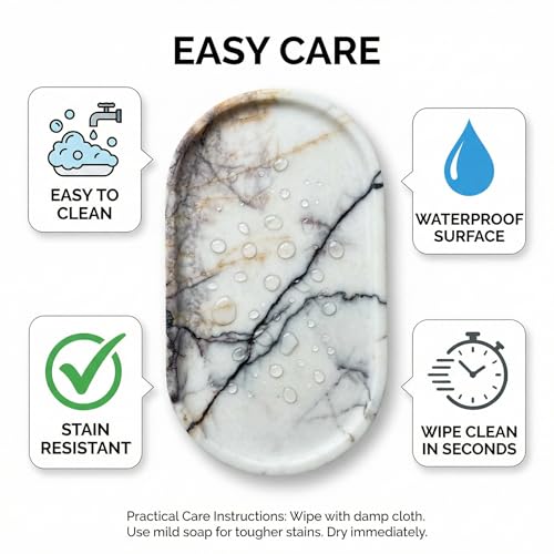 Natural Marble Vanity Tray for Bathroom Counter, Stone Catchall Tray for Perfume, Soap, Jewelry and Skincare, Bathroom Countertop Organizer for Vanity, Dresser or Kitchen Sink, 11.8 x 6.3 Inch