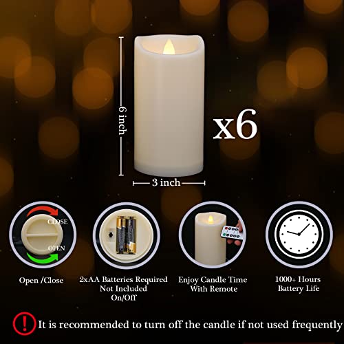 Waterproof Flameless Candles with Remote and Timers, Outdoor Indoor Flickering Battery Operated LED Pillar Candles, Ivory Plastic, Long-Lasting, Set of 6（D3 X H6） - color: 6 Pack-D3"x H6"