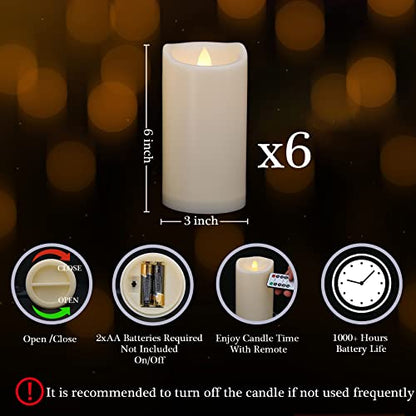 Waterproof Flameless Candles with Remote and Timers, Outdoor Indoor Flickering Battery Operated LED Pillar Candles, Ivory Plastic, Long-Lasting, Set of 6（D3 X H6） - color: 6 Pack-D3"x H6"