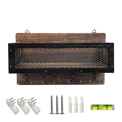 Key Holder Mail Organizer Wall Mount Key and Mail Holder Key Rack with 4 Double Key Hooks Rustic Wall Decor for Entryway, Hallway, Kitchen, Living Room, Mudroom, Office (Brown)