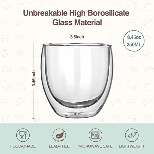 2pcs 8.5OZ/250ml Coffee Glasses Clear Insulated Coffee Mug, Glass Coffee Mug Double Wall Glass Coffee Mugs, Espresso Cup Glass Coffee Cups Double Wall Glass Tumbler For Latte Cappuccino Coffee