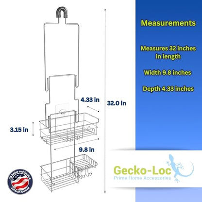 Gecko-Loc Extra-Long Adjustable Over-the-Showerhead Shower Caddy – Rustproof Stainless Steel Organizer with Suction Stabilizer, Deep Basket & Hooks – No-Drill, Tool-Free Installation (Silver) - color: Chrome