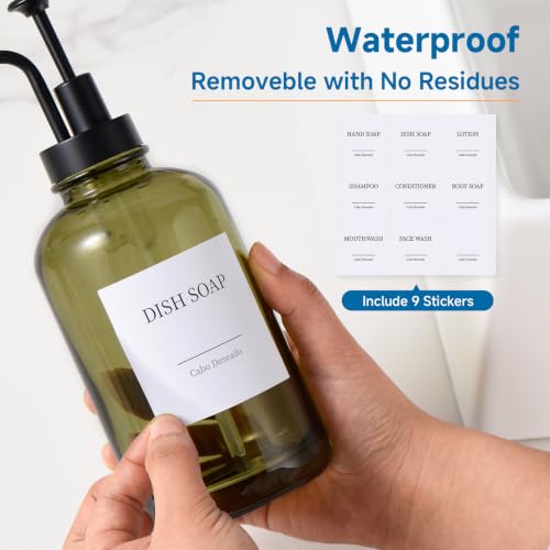Glass Soap Dispenser with Upgrade Pump, Hand and Dish Soap Dispenser for Bathroom Kitchen, Soap Dispenser Set with 9 Stickers Funnel Bamboo Tray 500ml 18oz Green - color: Olive Green