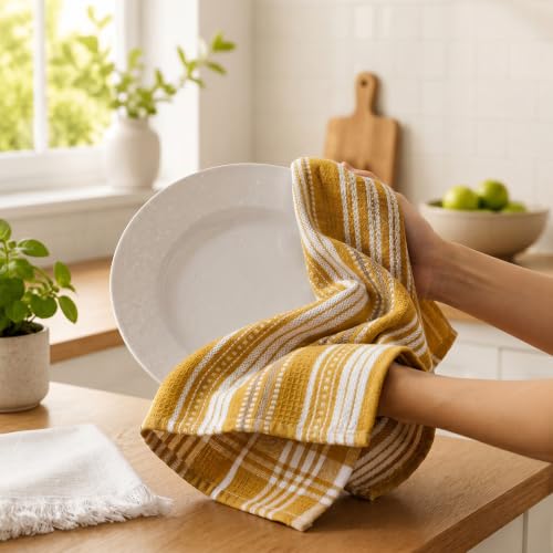 CLOUDLOOM Cotton Assorted Yellow Kitchen Towels with Loop, Set of 5, 16"x26" - color: Mustard Yellow