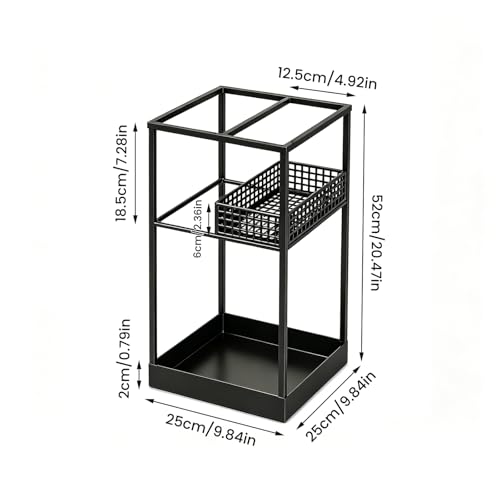 Freestanding Umbrella Stand Rack for Entryway, Metal Umbrella Holder with Removable Drip Tray and Storage Basket, Large Capacity Organizer for Long and Folding Umbrellas Indoor Office Home (Black)