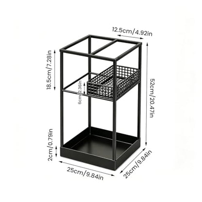 Freestanding Umbrella Stand Rack for Entryway, Metal Umbrella Holder with Removable Drip Tray and Storage Basket, Large Capacity Organizer for Long and Folding Umbrellas Indoor Office Home (Black)