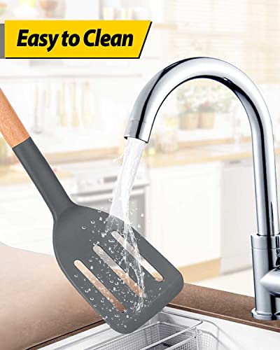 Pack of 2 Silicone Cooking Spatula, Heat Resistant Solid Turner, Non Stick Slotted Spatulas with Wooden Short Handle,Ideal Wood Kitchen Utensils Set for Frying, Baking, Flipping, Turning - color: Dark Gray