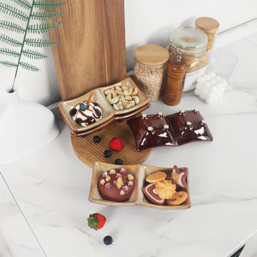 Side dish Chip Dip Sets, 7.7 in Two-grid Olives bowl Dip Serving Set Tray, Divided Platters Chip and Dip Bowls Set of 4, Ceramic Divider Moisture-Proof Cereal Bowl Buffet Serving Bowls Set - color: 7.7 Inch Two-Grid