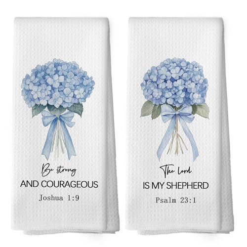 Blue Hydrangea Inspirational Christian Kitchen Towels Set of 2,Baptism Gifts for Women Hand Towel, Be Strong and Courageous Joshua 1:9 Bible Verse Decorative Tea Towel Dish Towels 16x24 Inch - color: Color 11