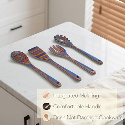 6-Piece Pakkawood Kitchen Utensils | Heat Resistant Wood Kitchen Utensils | Pakkawood Kitchen Cooking Utensil Set | Wooden Spoons for Cooking | Non-Sitck Cooking Spoons | Sapphire - color: Sapphire-6PCS