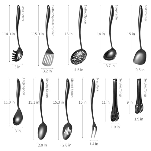 304 Stainlss Steel Matte Kitchen Utensils Set, 11 Pcs Long Metal Cooking Utensil Gadgets Tools Set with Spatula, Ladle, Spoon, Skimmer, Turner, Pasta Server, Tongs(Black, Dishwasher Safe) - size: 11Pcs-Black