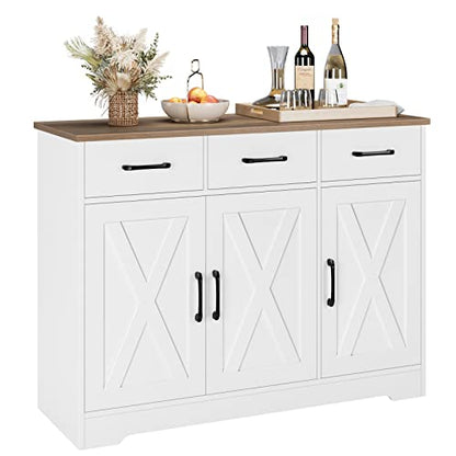 HOSTACK Kitchen Buffet Cabinet with Storage, Sideboard Coffee Bar, White | Farmhouse Kitchen Storage Cabinet with 3 Drawers & Adjustable Shelf, 42.5"W Buffet Table for Dining Living Room - color: White