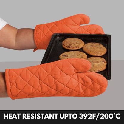Oven Mitt (7"x13") & Pot Holder (8"x8") 100% Cotton Set of Heat Resistant Oven Gloves & Hot Pads for Gifts, BBQ, Cooking, Baking, Thanksgiving - Orange - color: Orange