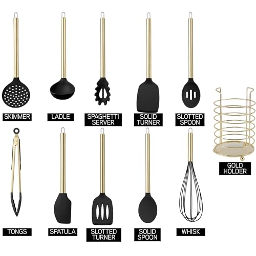 COOK WITH COLOR Silicone Cooking Utensils, Kitchen Utensil Set, Easy to Clean Silicone Kitchen Utensils, Cooking Utensils for Nonstick Cookware, Kitchen Gadgets Set with Holder, 10 Pieces