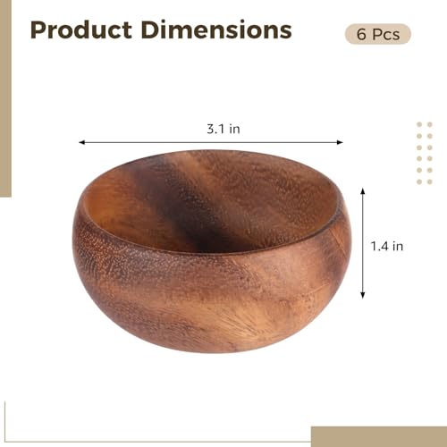 6 Pcs Rustic Small Wooden Bowls - Acacia Wooden Bowls for Food, 3.1 in Bowllet Dinnerware for Serving Salad, Dessert, Snacks, Elegant Kitchen Decor, Housewarming Gifts