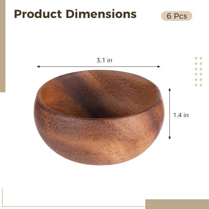 6 Pcs Rustic Small Wooden Bowls - Acacia Wooden Bowls for Food, 3.1 in Bowllet Dinnerware for Serving Salad, Dessert, Snacks, Elegant Kitchen Decor, Housewarming Gifts