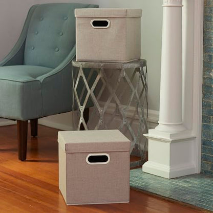 Household Essentials 804-1 Café Cube Bin Storage Set with Lids and Handles | 16 Pack | Silver Linen - size: (Pack of 16)