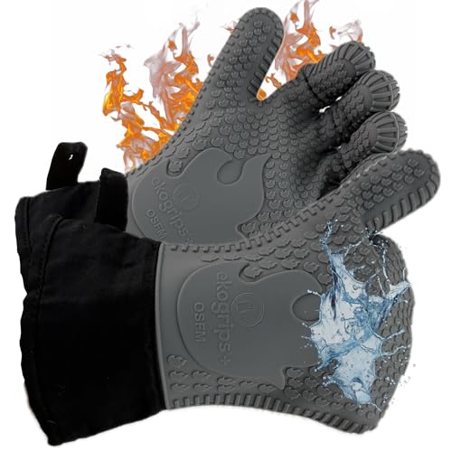 Ekogrips®+ Oven Gloves with Fingers, Comfy Waterproof Heat Resistant Grill Gloves -Long Cuff and Good Dexterity - color: Gray, size: S/M