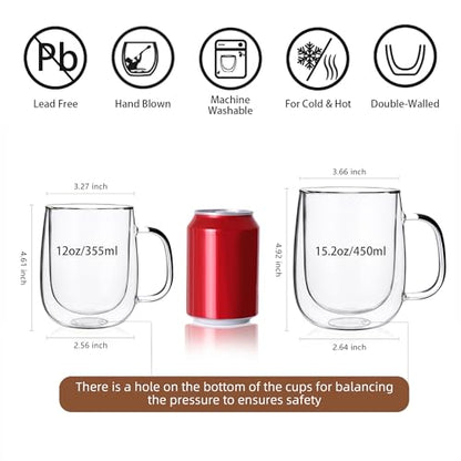 CNGLASS Glass Coffee Mugs 12oz,Double Wall Insulated Mug Set with Handle,Clear Glass Espresso Mugs for Latte,Cappuccino,Tea Bag,Hot and Cold Beverages,Set of 2 - color: 12oz(2-pack)